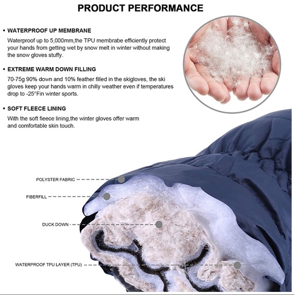 Andake 90% Duck Down Winter/Ski Gloves For Men - Picture 5 of 10